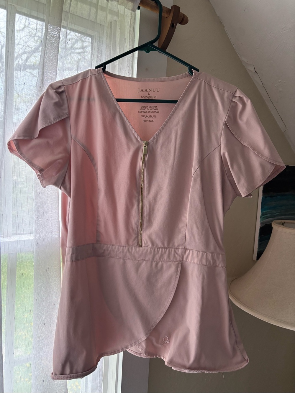 Jaanuu Light Pink Zip-Front Peplum Scrub Top